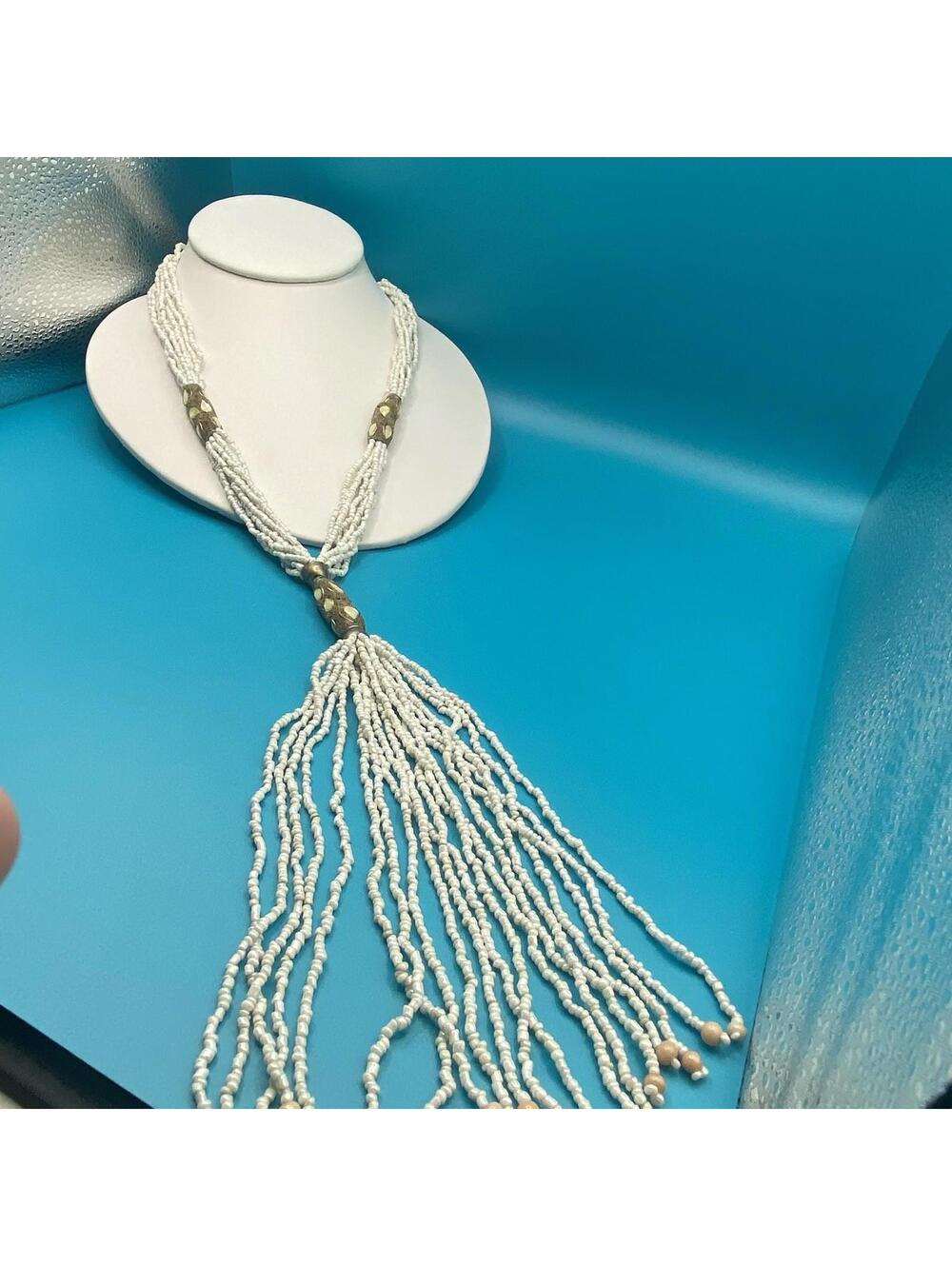 Vintage Beach Tassel Beaded Iridescent Necklace Long